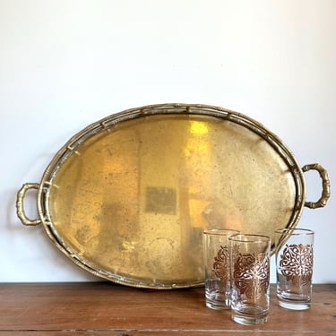 large oval brass tray - faux bamboo handles - hollywood regency decor 