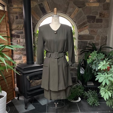 Vintage 1980s Khaki Green Layered Belted Suit Dress Large Shoulder Pads 