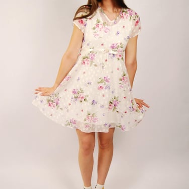 Y2K Floral Mini Dress (XS) white pink vintage 