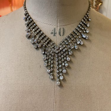 vintage 1990s rhinestone bib necklace, 1950s style jewelry, wedding bridal, prom 