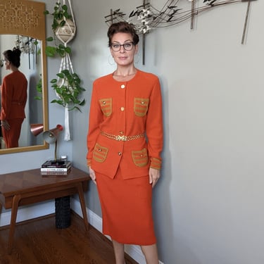 Vintage Neiman Marcus Bright Orange Knit Sweater Skirt Set 