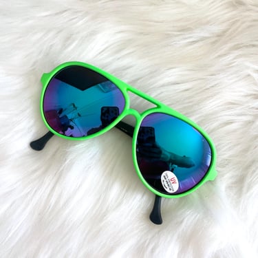 Vintage 90s Lime Green Reflective Lense Aviator Sunglasses 