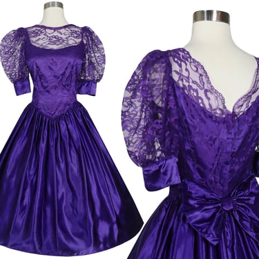 Vintage 80s Purple Lace Prom Party Dress M Medium Full Skirt Short Sleeve Big Back Bow Formal Gown Ballgown Satin Womens Hi Lo 