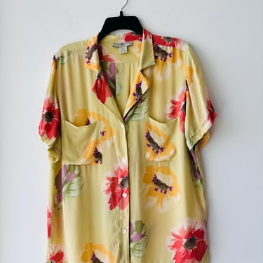 Vintage Blunauta Yellow Floral 100% Silk Button Up Blouse Short Sleeve Womens 14 