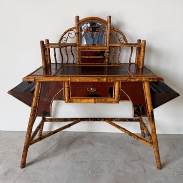 19th-Century English Aesthetic Movement Burnt Bamboo & Lacquer Writing Desk with Mirror 