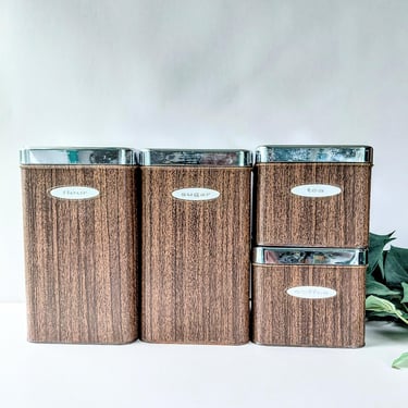 Vintage Masterware Canette Rectangle Canister Set with Chrome Lids/ Faux Wood Grain Tins/ Mid Century Art Deco Kitchen Storage/ 1950s USA 