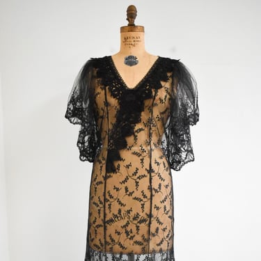 1980s Sheer Black Lace Dress 
