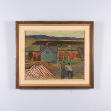 Vintage Modernist Landscape Oil Painting, Rural Farm Scene, Mid Century Original Art 
