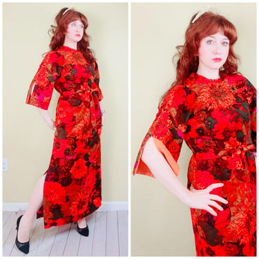 1960s Vintage Sun Fashion Neon Day Glow 3/4 Length Sleeve Floral Hawaiian Maxi Dress / Small - Medium 