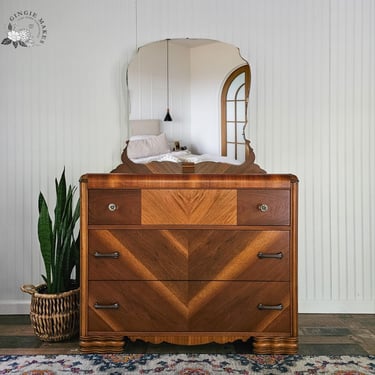 Restored 1930s Art Deco Waterfall Dresser with Mirror, Read ENTIRE listing for shipping info 