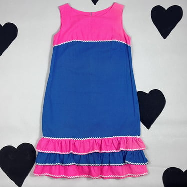 1960s neon cotton ruffle dress 60s girly polka dot pink blue sleeveless shift column drop waist ric rac camp kitschy clown Barbie dress M 