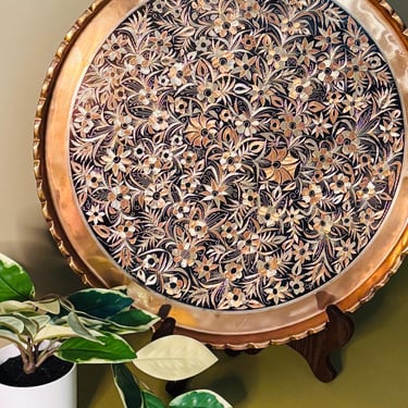 Vintage Heavy Copper Floral Tray Large Round Engraved Metal Serving Tray Decorative Wall Decor Boho Eclectic Hollywood Regency Decor 