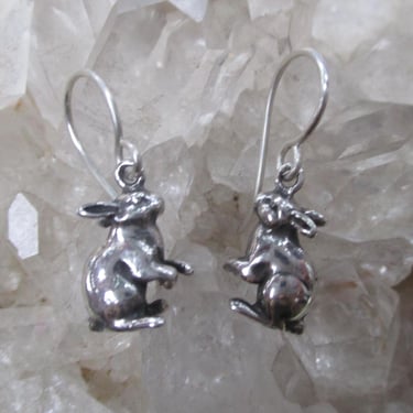 Bunny Rabbit Earrings -Sterling Silver- Hand Cast Dangles 5/8