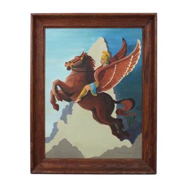 Naive Oil Painting on Board Hercules in Centurion Helmet Riding Pegasus