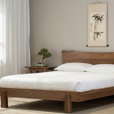 Mid Century Modern Walnut Platform Bed: High Headboard, Easy Assembly 