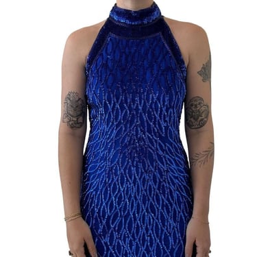 Vintage Laurence Kazar 1980s Blue Sequin Beaded Halter Prom Evening Maxi Dress M 