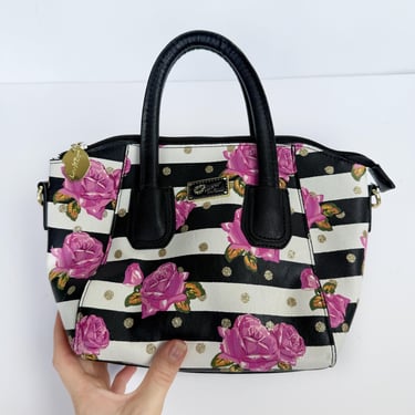 Betsey Johnson Floral Handbag, Fun Eclectic Floral Pink Purse, Black and White Stripes and Floral, Collectors Bag By Betsey Johnson, 