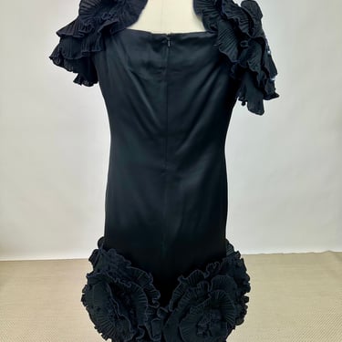 Vintage 1980s Designer Zandra Rhodes Black Dress with Elaborate Ruffle Details and Sequins Silk and Acetate 