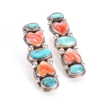 Vintage 1970s Oscar Betz Sterling Silver Heart-Shaped Spiny Oyster and Turquoise Stud Earrings, 1 3/4in 