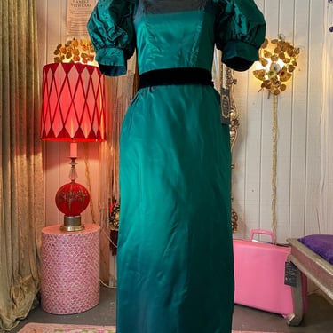 vintage 1980s green taffeta gown, puff sleeves, 80s fashion, formal dress, s/m 