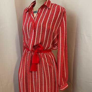 Red White Silky Striped Midi Dress Sash Belt 1980s Vintage Quiet Luxury 8 M 
