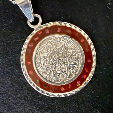 Aztec Sun Vintage Necklace, Enamel Pendant, Inlaid Design 