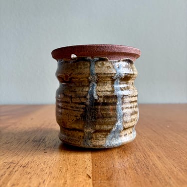 Vintage hanging planter pot with funky blue trailing glaze / Rudy Tambone ceramics handmade in Berkeley 