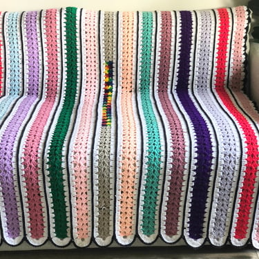 Vintage 1970s Crochet Afghan: Rainbow Striped Throw Blanket 