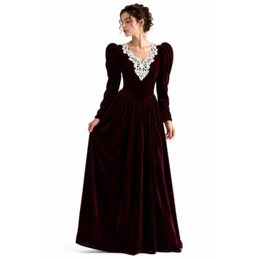 Vintage Jessica McClintock Victorian Dress, Burgundy Velour Romantic Goth Maxi 