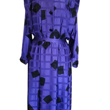 Vintage 1980s Blue Geometric Print Silk Dress Button Down Shirt Dress Albert Nipon 