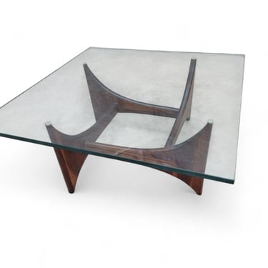 Mid Century Modern Adrian Pearsall Walnut Square Fin Base Glass Top Coffee Table
