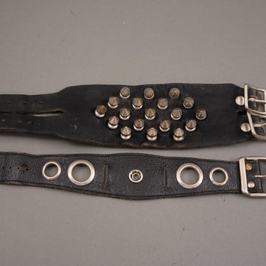 Vintage 1980s Black Leather Spiked Cuff Bracelets Set - Punk Rock Studded Wristbands 