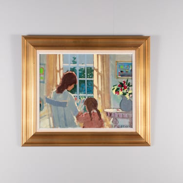 Vintage Scandinavian Interior Painting, Mother and Child Reading, Original Figurative Oil Painting 