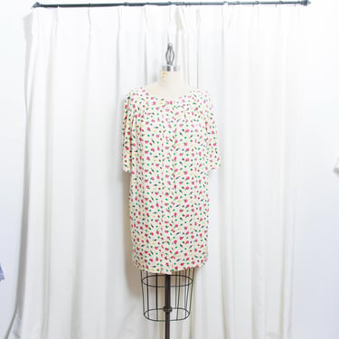 80s Beige Silk Shift Floral Pattern Dress Vintage 1980s Stanley Platos Ivory Pink Rose Print Button Dress 