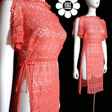 Unique & Sexy Vintage 70s Salmon-Colored Lace Dress / Cover-Up 