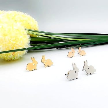 3 Pair Girls Pierced Bunny Rabbit Earrings Silver & Rose Gold Jewelry Bundle 