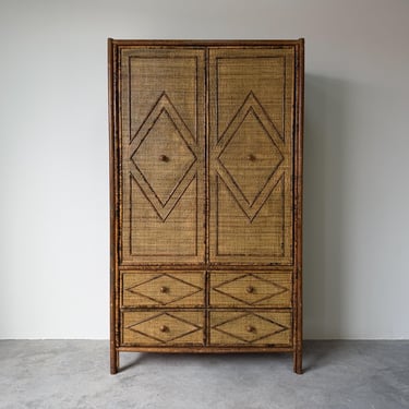 1970’s Vintage Burnt Bamboo & Woven Rattan Diamond Cabinet 