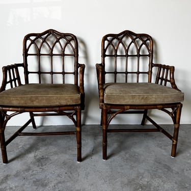 Vintage McGuire Rattan & Leather Cathedral-Back Arm Dining Chairs – A Pair 