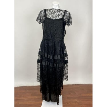 Antique 1920s 1930s Black Net Lace Tiered Flapper Dress Black Silk Lining AS IS 
