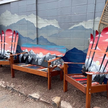 Set of 3 - Cloudy Sunset Mountain Mural Hybrid Ski/Snowboard Chairs and Matching Bench, hand painted, sunset, night sky, repurposed skis 