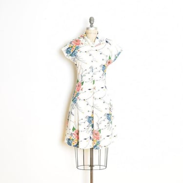 vintage 70s dress cream floral print funnel neck hippie mini knit dress S 