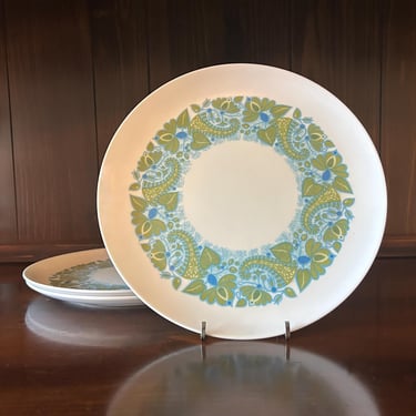 Set of 3 MCM Vintage Melamine Blue and Avocado Green Floral Dinner Plates by Allied Chemical, Melmac, 1960s 1970s Kitchen, Mid Century 