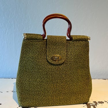 Autumns in NYC - Vintage 1950s 1960s JR Avocado Green Tweed Leather Tote Handbag Purse 