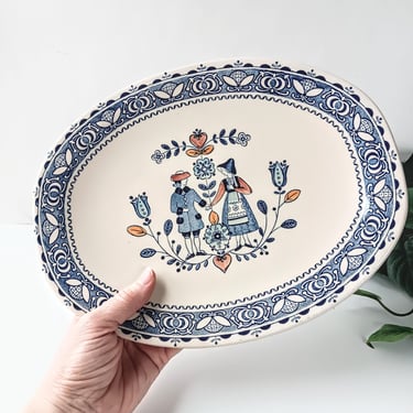 Johnson Bros Hearts & Flowers Blue Ironstone Platter/England Staffordshire Old Granite/1970s/Dutch Folk Art Country Cottage Core Farmhouse 