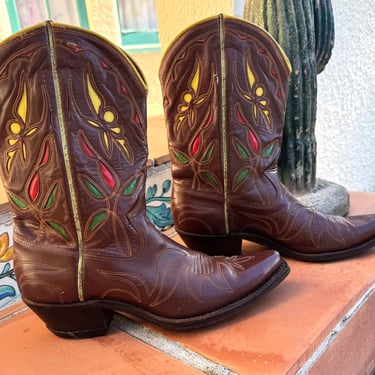 Awesome Vintage 1950s Acme Western Boots with gorgouse Inlay and over stitching Women's US Size 8 Med 