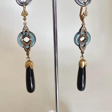 Art deco earrings 1920s Smokey Blue Czech glass  Geometric drop earrings Art nouveau style drop earrings by BakeliteBa