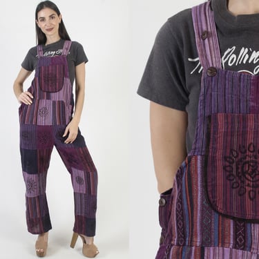 Patchwork Jumpsuit With Pockets, Ethnic Grunge Overalls, Vintage 90s Coveralls, Striped Batik Playsuit 