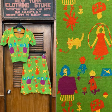 Vintage 1960’s Amazing Betsey Style Mod Pop Art Knit Sweater Set, Knit Set, Sweater Set, Mod, 1960’s Set, 2 Piece, Skirt, Skirt Outfit 