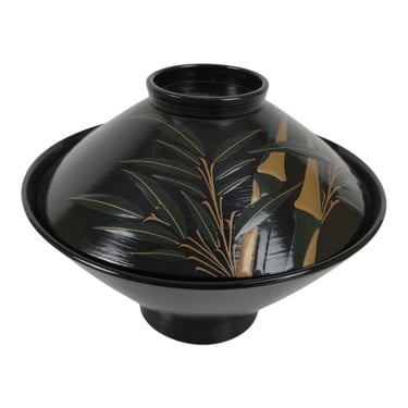 Japanese Lacquer Wood Lidded Bowl Owan Vtg Makie Black Gold Bamboo Plum LB195