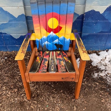 Hand Painted Indoor/Outdoor Alpine Snowboard & Ski Chair, Colorado Flag Bear Sunset Mountain Mural ski/SB Chair, Fire-pit Chairs, man cave 